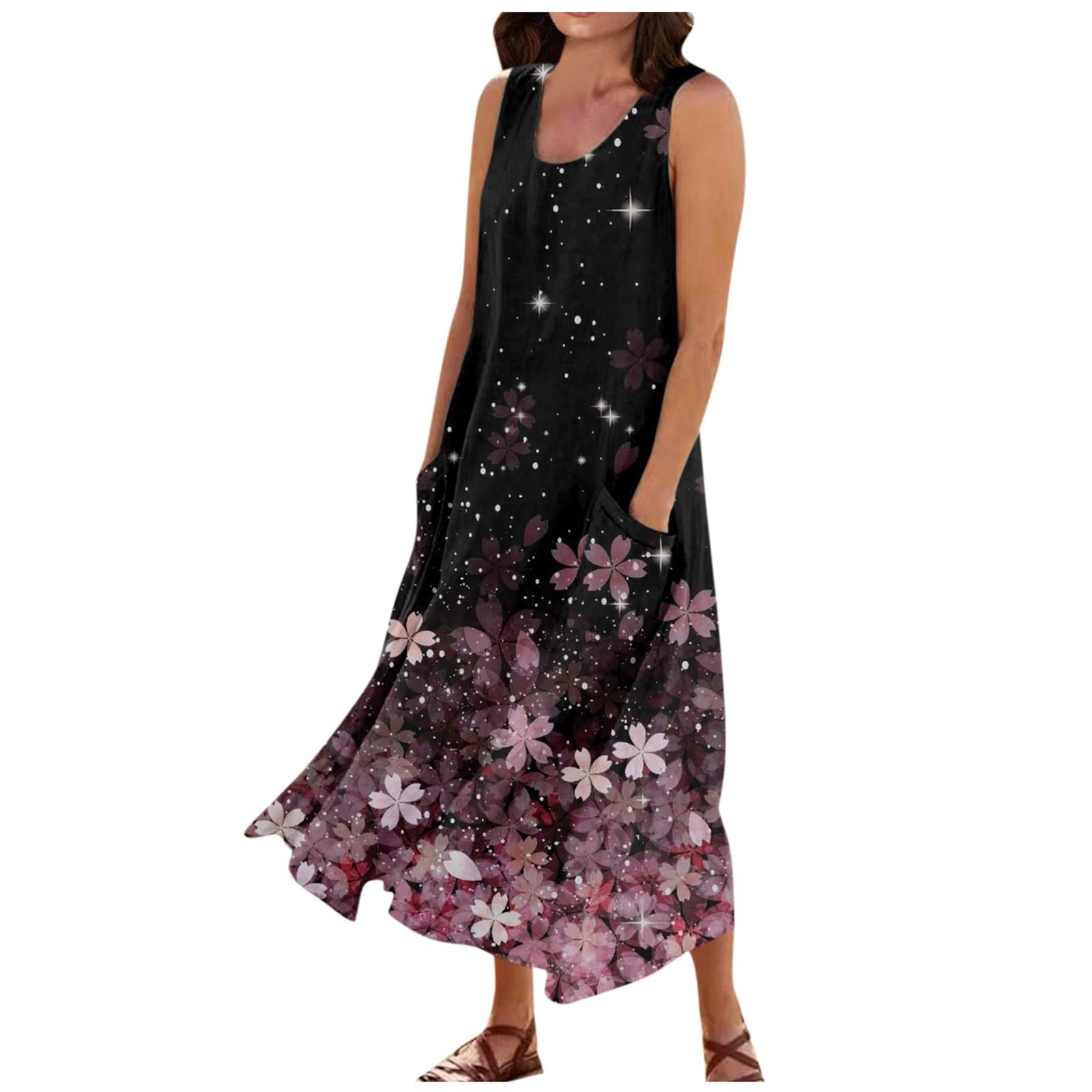 

Женское летнее повседневное платье без рукавов с круглым вырезом и карманами M розовый