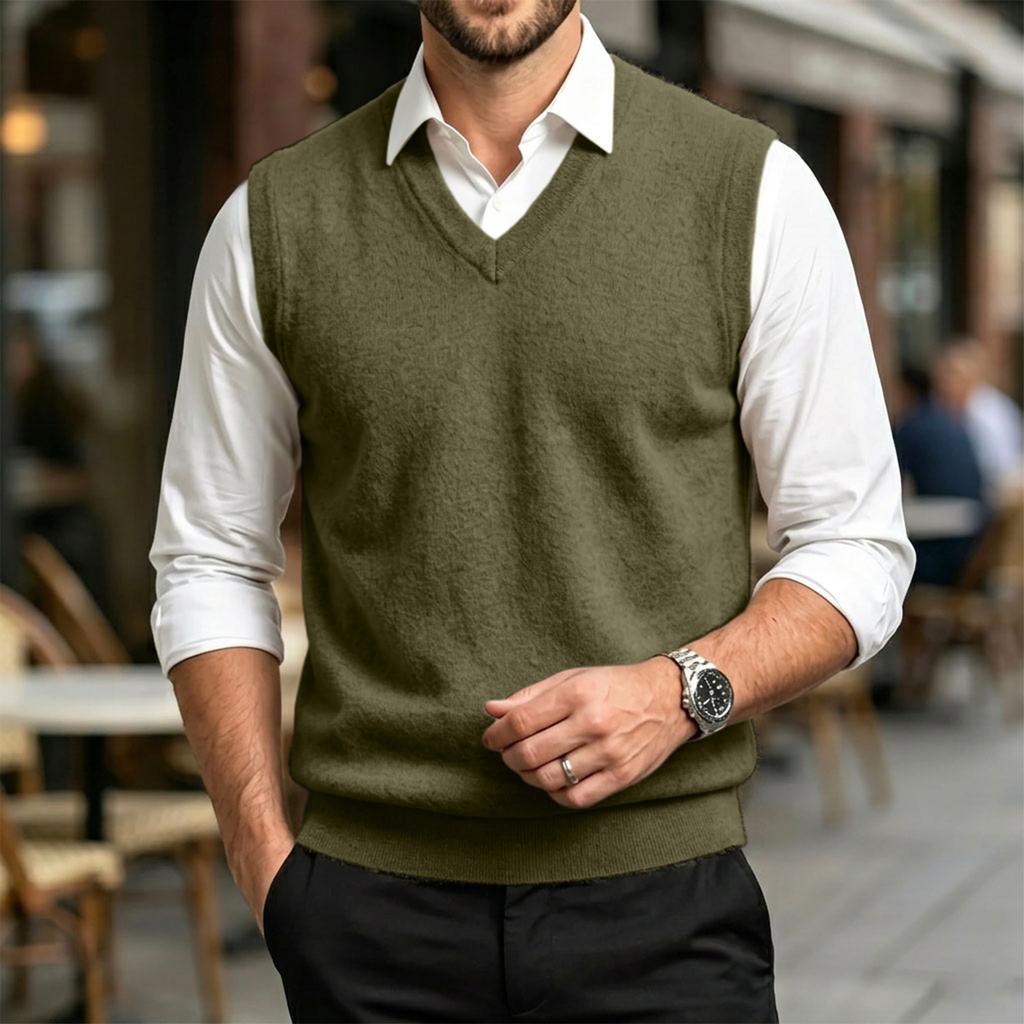 Men's Casual Wool V-Neck Knit Sweater Vest for Commute and Daily Wear