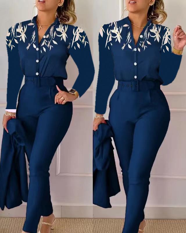 Printed Long-Sleeve Top & Solid Color Pants Suit with Belt