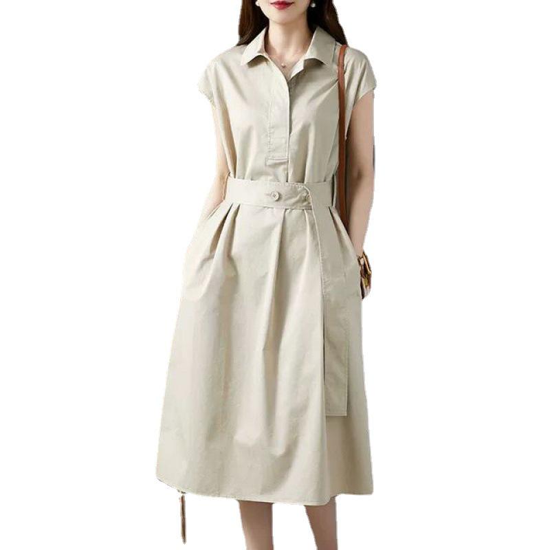 2025 Summer Plus Size Women's Solid Color Waist-Slimming Shirt Dress - Mid-Length, Loose, Casual, and Elegant
