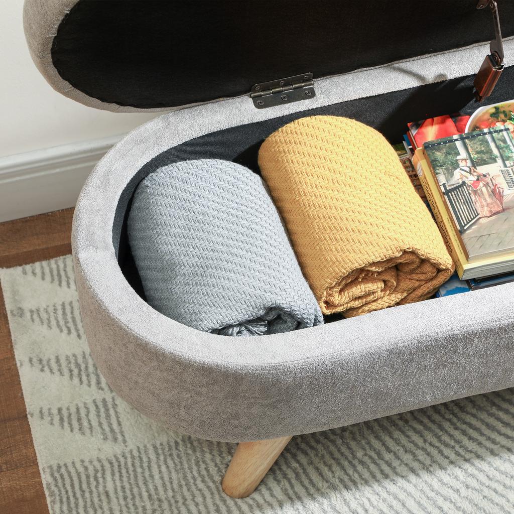 2-in-1 Fabric Storage Bed Bench, Wooden Legs, 110x40x43 cm, Light Grey