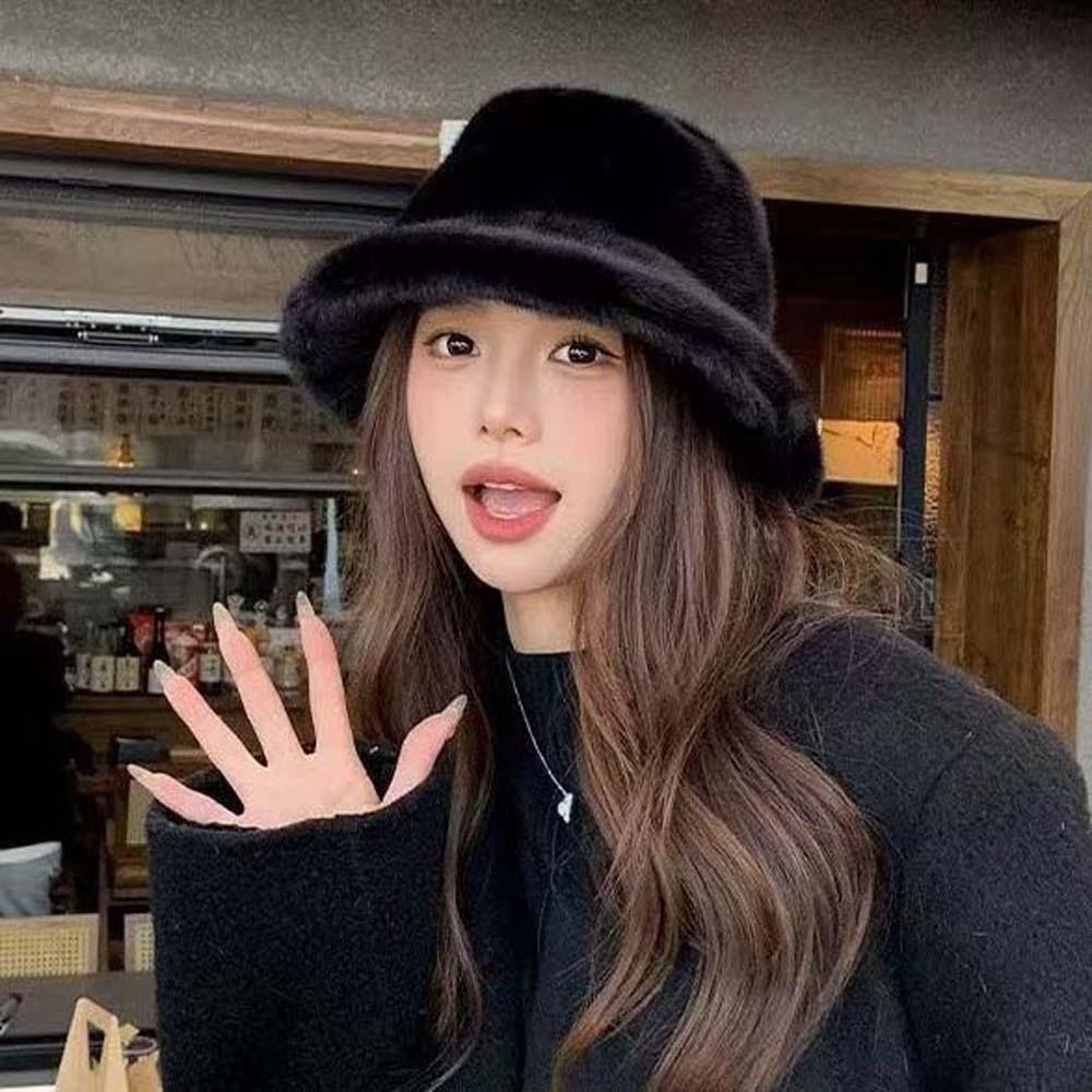 Temperament Winter Fisherman Hat Imitation Mink Fur Anti-cold Bucket Hat Plush Basin Cap  Cycling