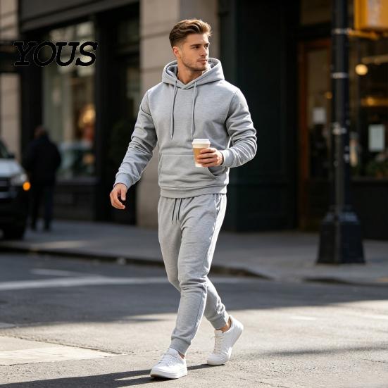 Solid Color Tracksuit Hoodie Pants Two Piece Set for Men, Sports Hooded Sweatshirt Men Active Wear & Drawstring Sweatpants, Fall Winter Casual