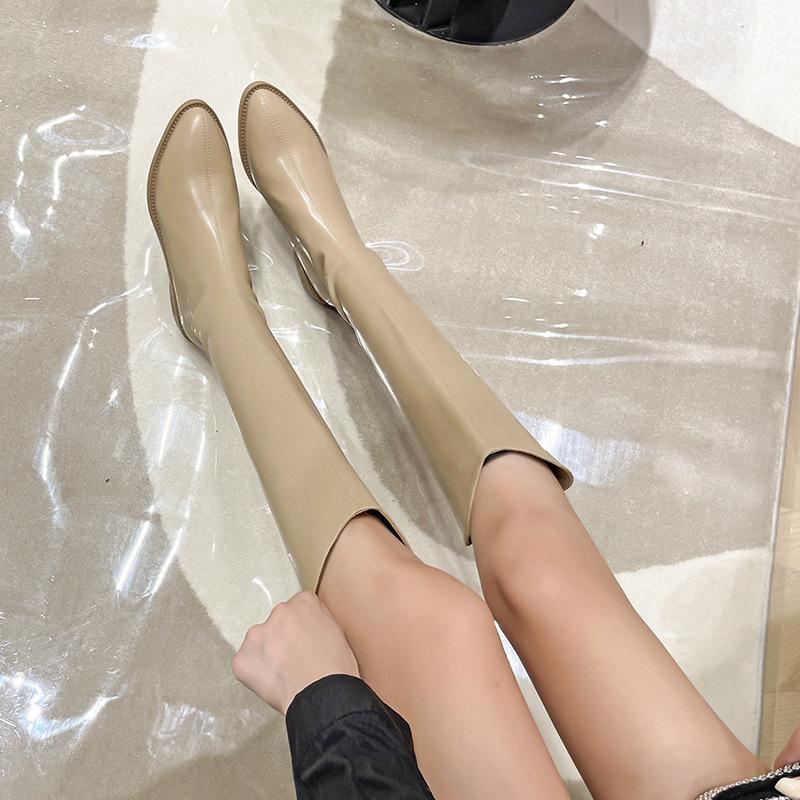 Black Pointed Toe Ladies Knee High Shaft Shoes Waterproof Women's Long Boots