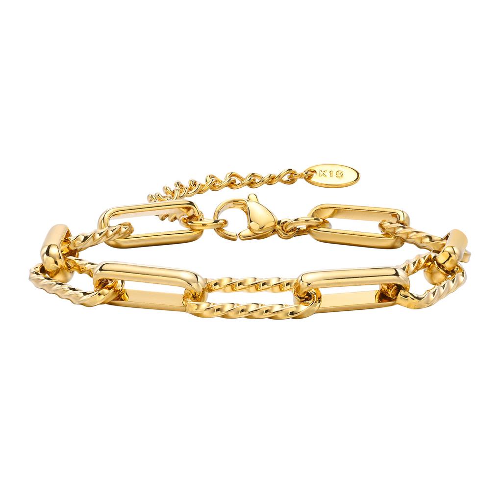 Women Stainless Steel Chain Bracelet,18K Gold Plated Twist Paperclip Adjustable Link Bracelet,Chunky Stackable Layered Jewelry