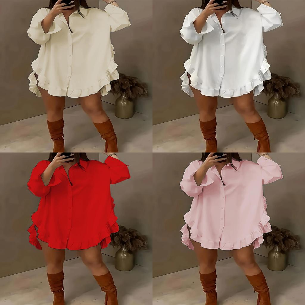 Pure Color Loose Fit Shirt With Ruffle Hem And Long Sleeves For Summer Casual Wear