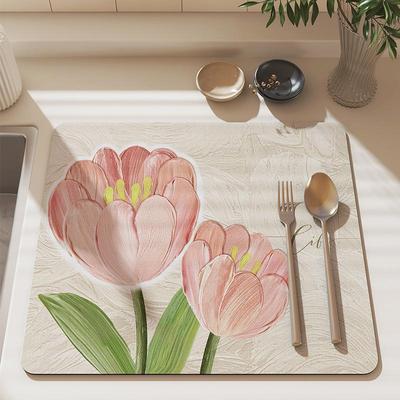 Natural Diatomite Dish Drying Mat with Fast Absorption, Heat Resistant & Non-Slip Pad for Sink Countertop - 30x40cm To 50x80cm Floral Design