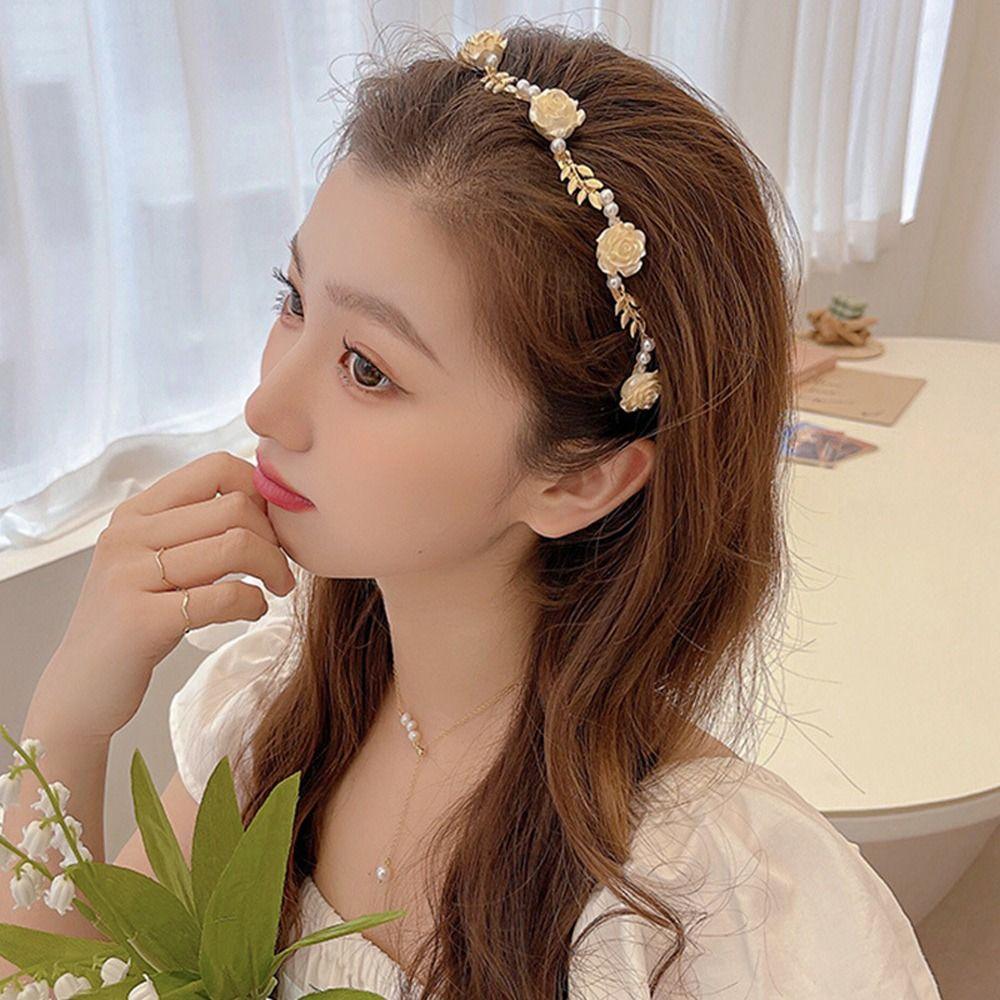 

Hair Hoops Brid Wedding Headband Korean Hairbands Pearl Women Hair Hoops Rose Flower Headband