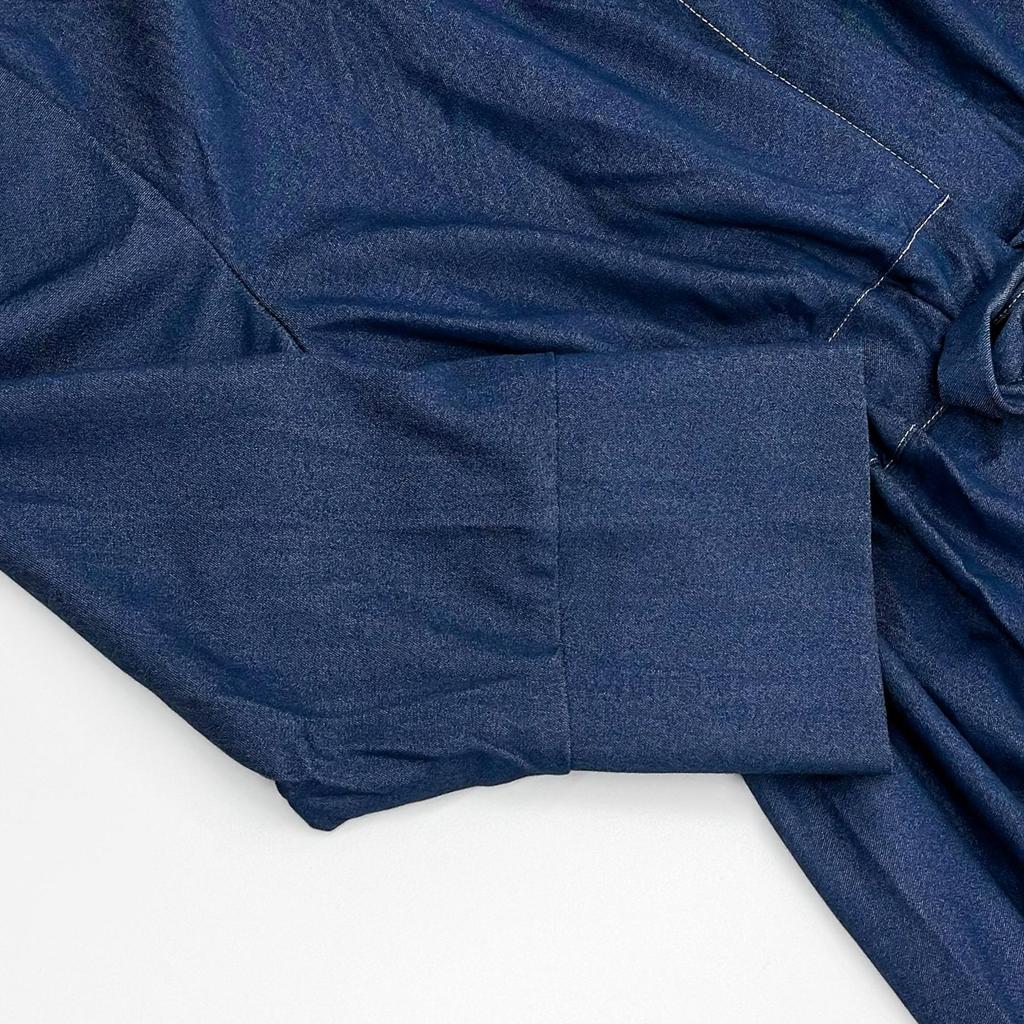 Seven-Sleeve Stretch Denim Maxi Dress with Stand-Up Collar and Hidden Buttons - Autumn 2025 Women's Wear