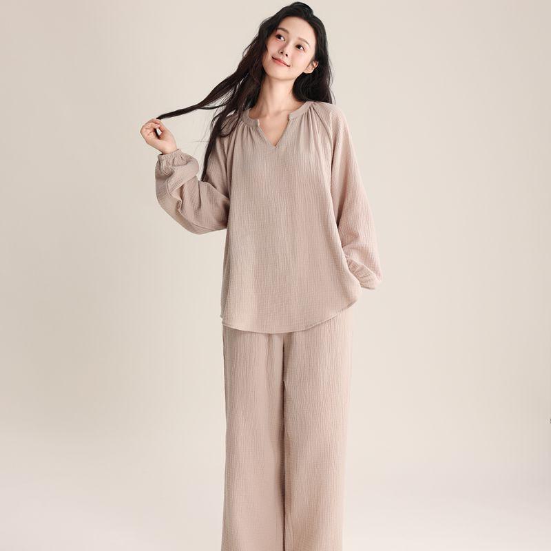 Womens Lightweight Cotton Pajama Set V-Neck Long Sleeve Loose Lounge Wear