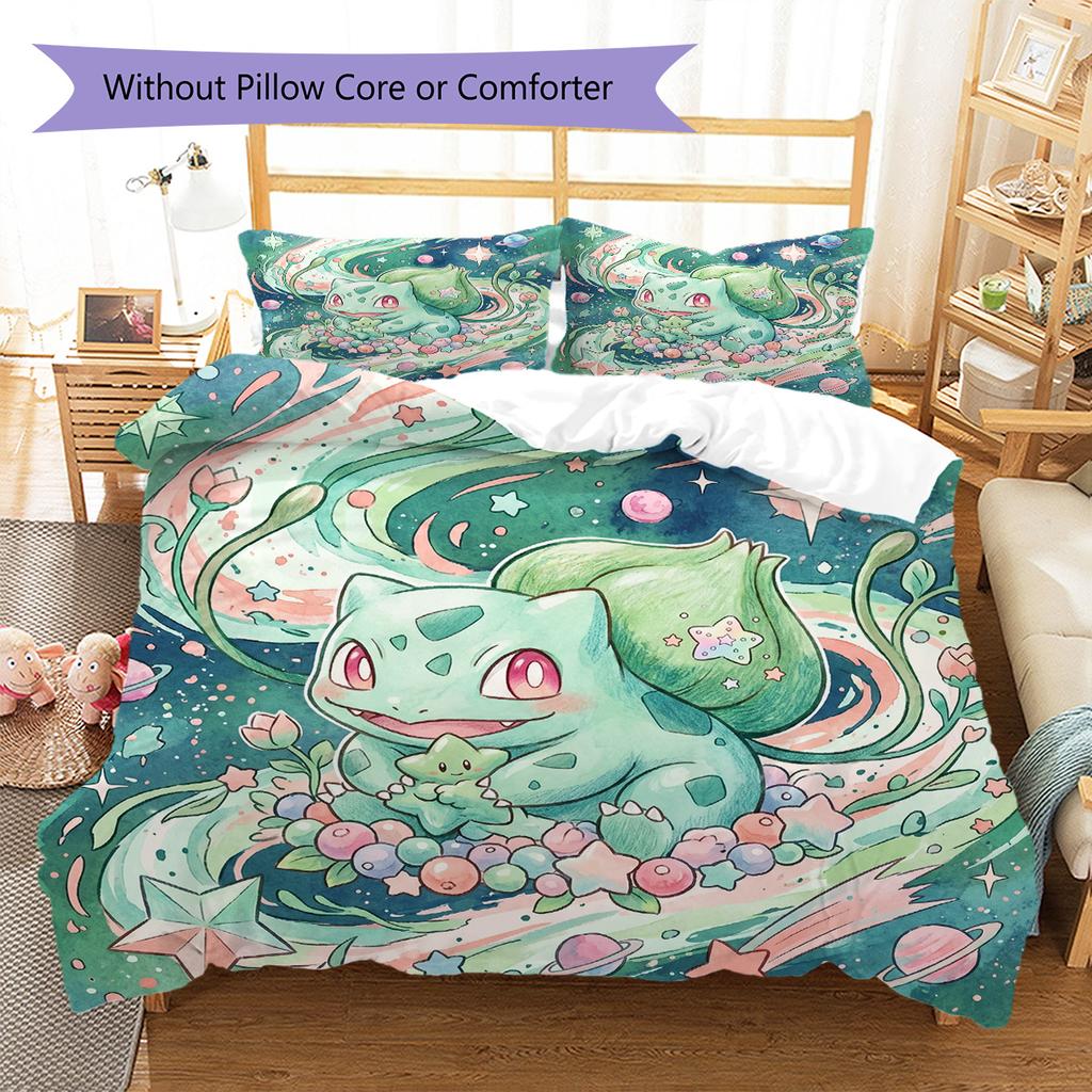 Bulbasaur Pattern Bedding Quilt Set Quilt Cover Pillowcase Home Decoration Birthday Gift (1 * duvet cover + 2 * pillowcase, without core)