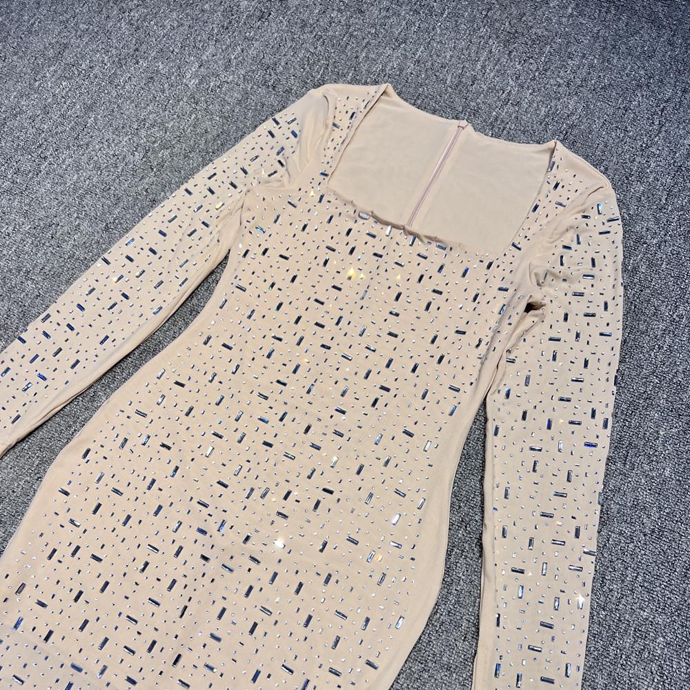European & American Heavy Industry Rhinestone Sexy Slim-fit Long-sleeve See-through Evening Dress