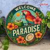 Welcome To Paradise Vintage Teal Metal Sign with Red Macaw and Tropical Flowers Decor