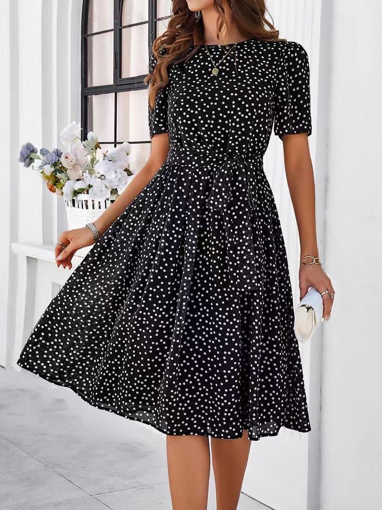 Women's Spring and Summer Temperament Casual Polka Dot Lace-up Print Dress