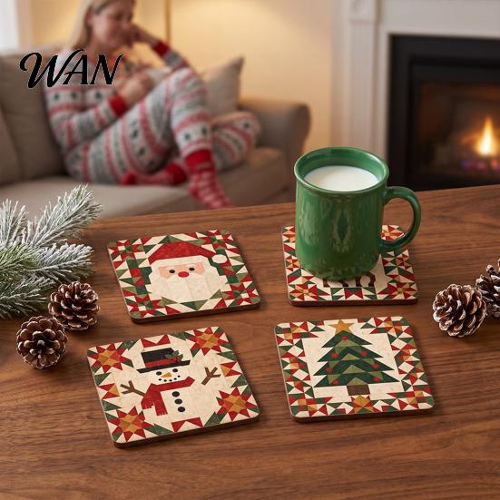 Winter Holiday Housewarming Gifts 4Pcs Christmas Coasters Set, Non-slip Wood Cup Mats with Cork Base Tree Drink for Hot Drinks, Decorative Patchwork