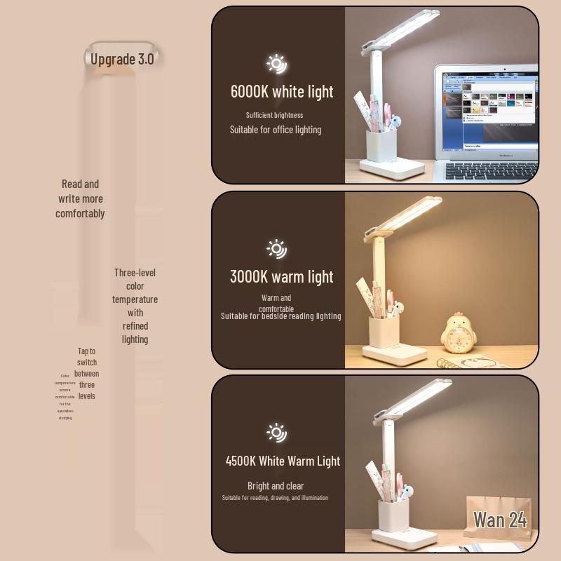 Multifunctional LED Desk Lamp with Rechargeable & Plug-in Options, Eye-Protection, Night Light, and Pen Holder for Study & Dorm Room
