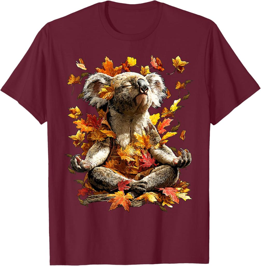 Meditating Koala Autumn Leaves Graphic Tee Men Women Casual Soft Cotton T-Shirt