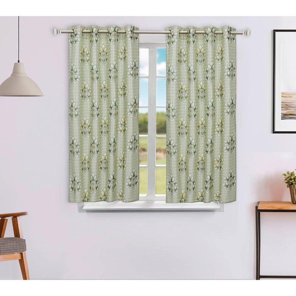 Pack of 2 Polyester Floral Damask Print Window Curtain Regular Print 135 GSM , Green