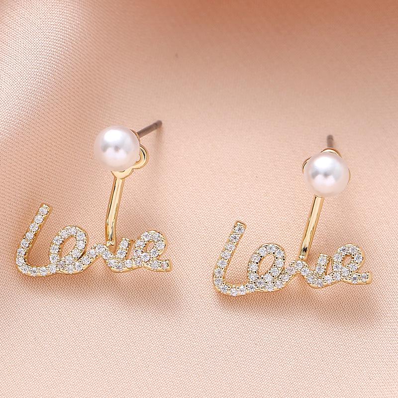 

S925 Silver Needle Korean Tassel Pearl Love Stud Earrings with English Letters