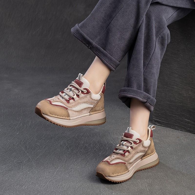Johnature British Style Genuine Leather Retro Mixed Colors Women's Sports Shoes Mesh Breathable Casual Flat Shoes