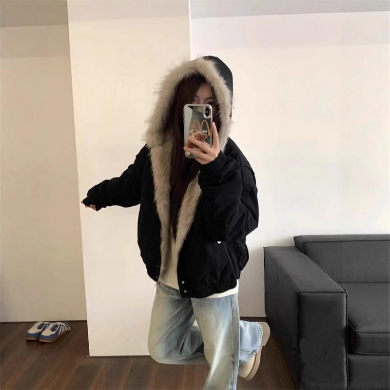 American Style Clean Fit Fluffy Hooded Parka Cotton Padded Jacket Couple Winter Thick Short Workwear Coat