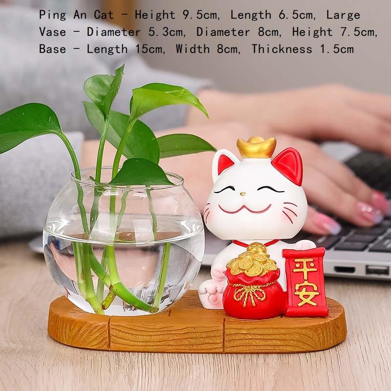 Zhaocai Cat Hydroponic Creative Vase Utensils Vase Living Room Office Desktop Decoration Zhaocai Cat Green Rose Hydroponic