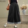 ZANZEA Women Casual Elastic Waist Loose Wide Leg Cropped Pants
