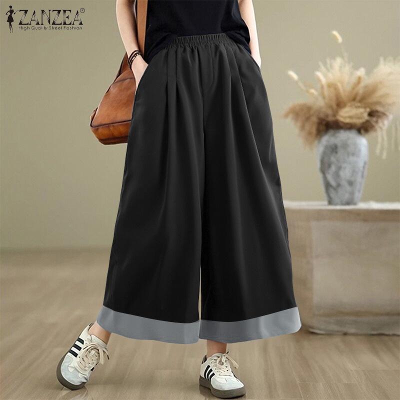 ZANZEA Women Casual Elastic Waist Loose Wide Leg Cropped Pants