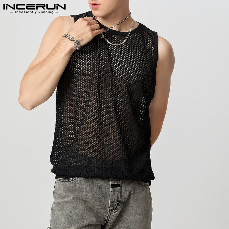 INCERUN Men Sleeveless See Through Hollow Out Beach Vest Tank Topss
