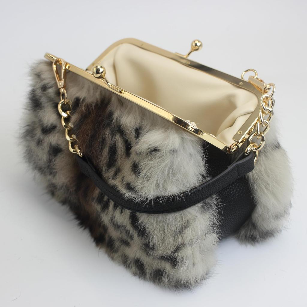 Fosrion Echte Kaninchenfell-Verschluss Handtasche für Damen, Klein, 2-Wege, Tierprint, mit Schultergurt (Braunes Kamm-Muster)