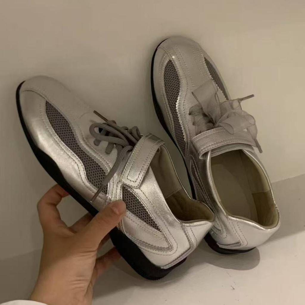 Cowhide version~ New Velcro flat-bottomed ballet training shoes niche square head matte retro lace-up casual shoes women