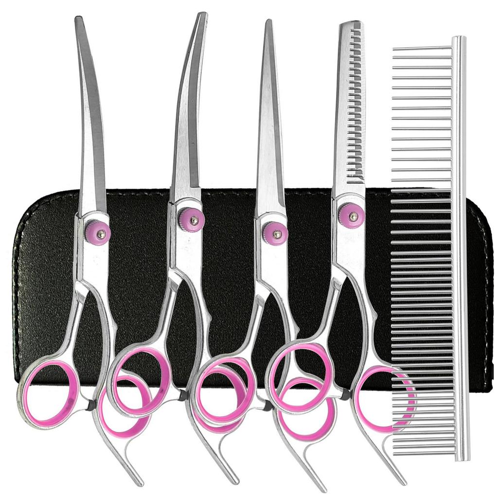 Portable Pet Grooming Scissor Set: Flat & Curved Hairdressing Tools