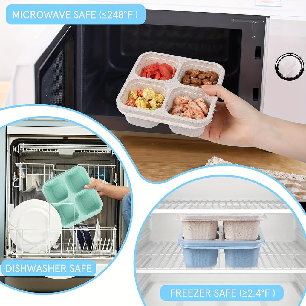 3pcs Bento Snack Boxes with Lid 4-Compartment Reusable No BPA Lunch Box Durable Meal Prep Containers for School Work Travel
