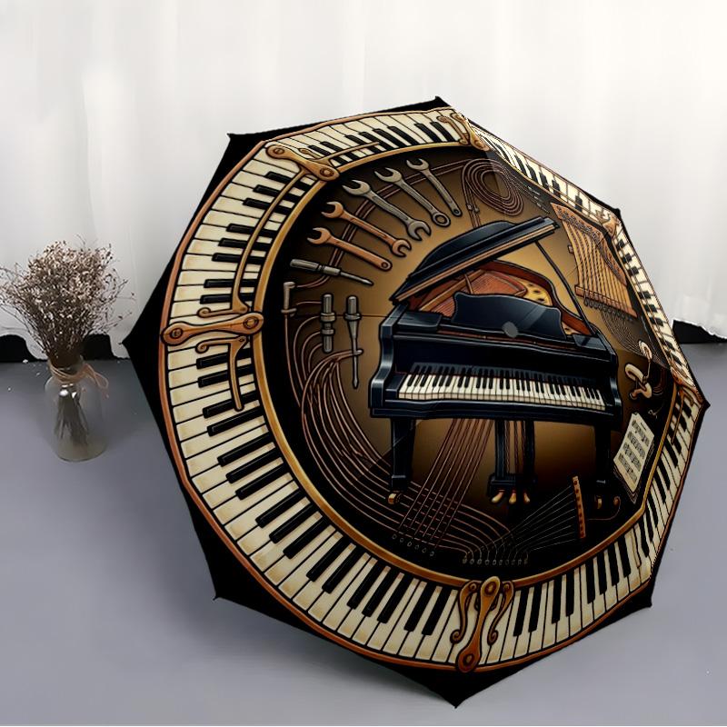 Piano Craftsmanship Emblem Pattern Umbrella, Portable and Foldable Design, 8 Ribs, a Casual Accessory for Halloween, Christmas, and Birthday Gifts.