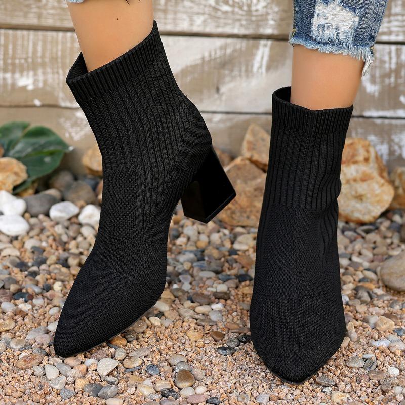 Fashion 2024 Hot Sale Ladies Shoes Ankle Women's Boots Plus Size Knitted Boots Women Pointed Toe Slip On High Chunky Heels Women Shoes