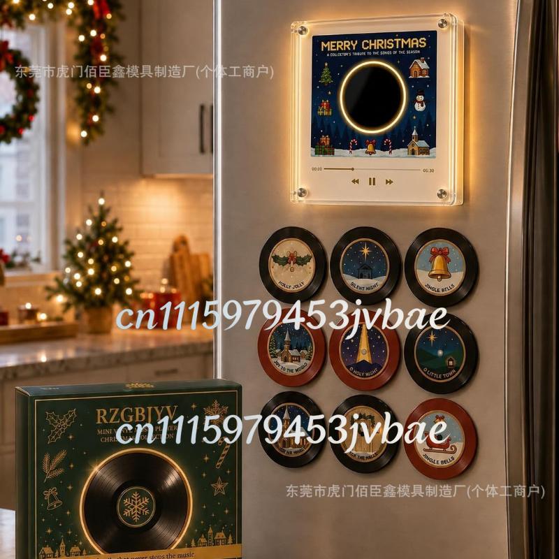 2026 Christmas Music Box Refrigerator Magnet Ambient Night Light Acrylic Music Player With 9 Replaceable Discs Fridge Ornament