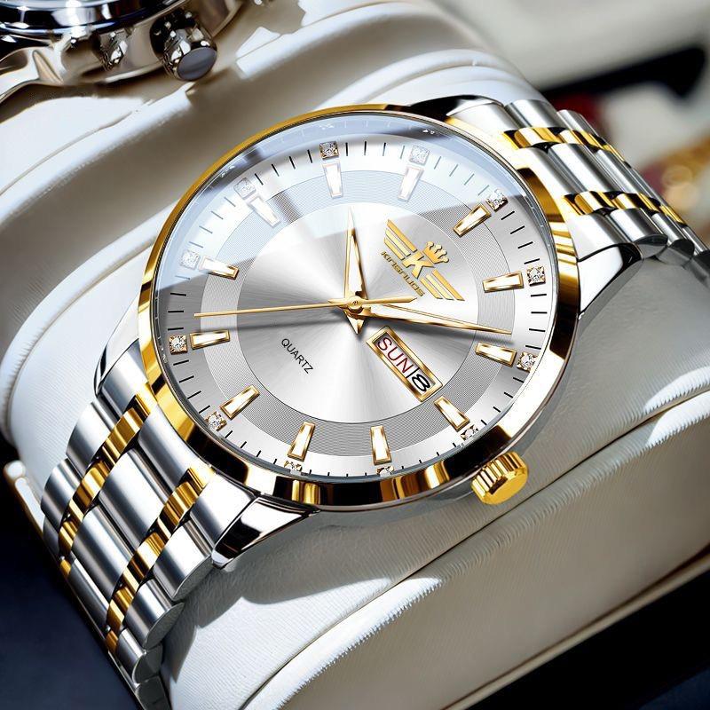 Top Brand New Men's Steel Band Waterproof Quartz Double Calendar Watch Luminous Scale Cross-Business Wristwatch
