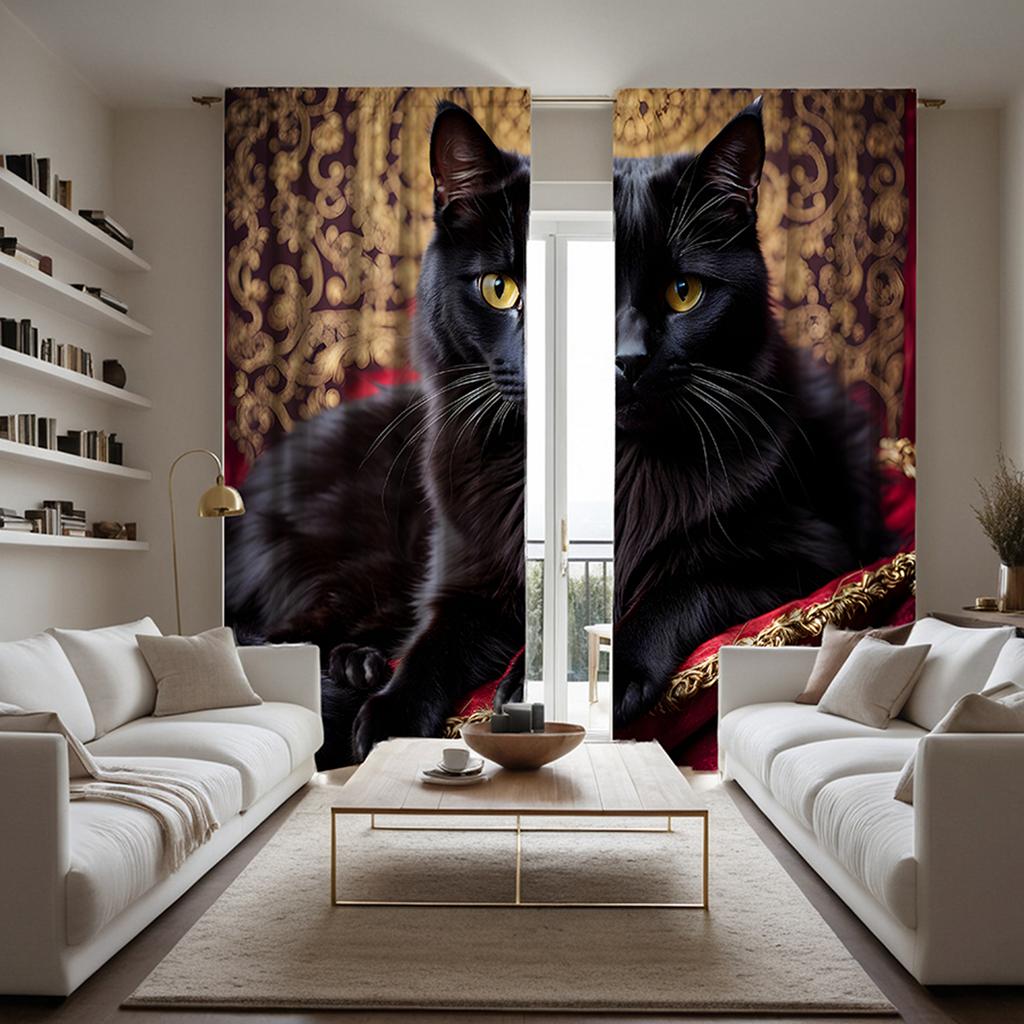 2 st set HD soffa på svart katt dekorativ gardin Svart slips digitaltryckt gardin heminredningsstil dekoration vardagsrum ro