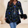 Women Plus Size V Neck Long Sleeve Black Mandala Print Irregular Hem Tunic Top
