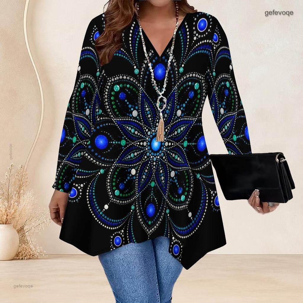 Women Plus Size V Neck Long Sleeve Colorful Galaxy Printed Asymmetric Hem Tunic Top