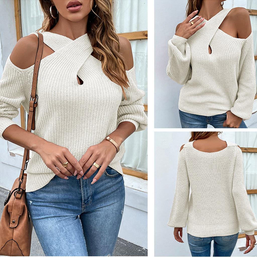 Women's And Winter Color Cross Leaky Shoulder Sleeve Knitted Sweater