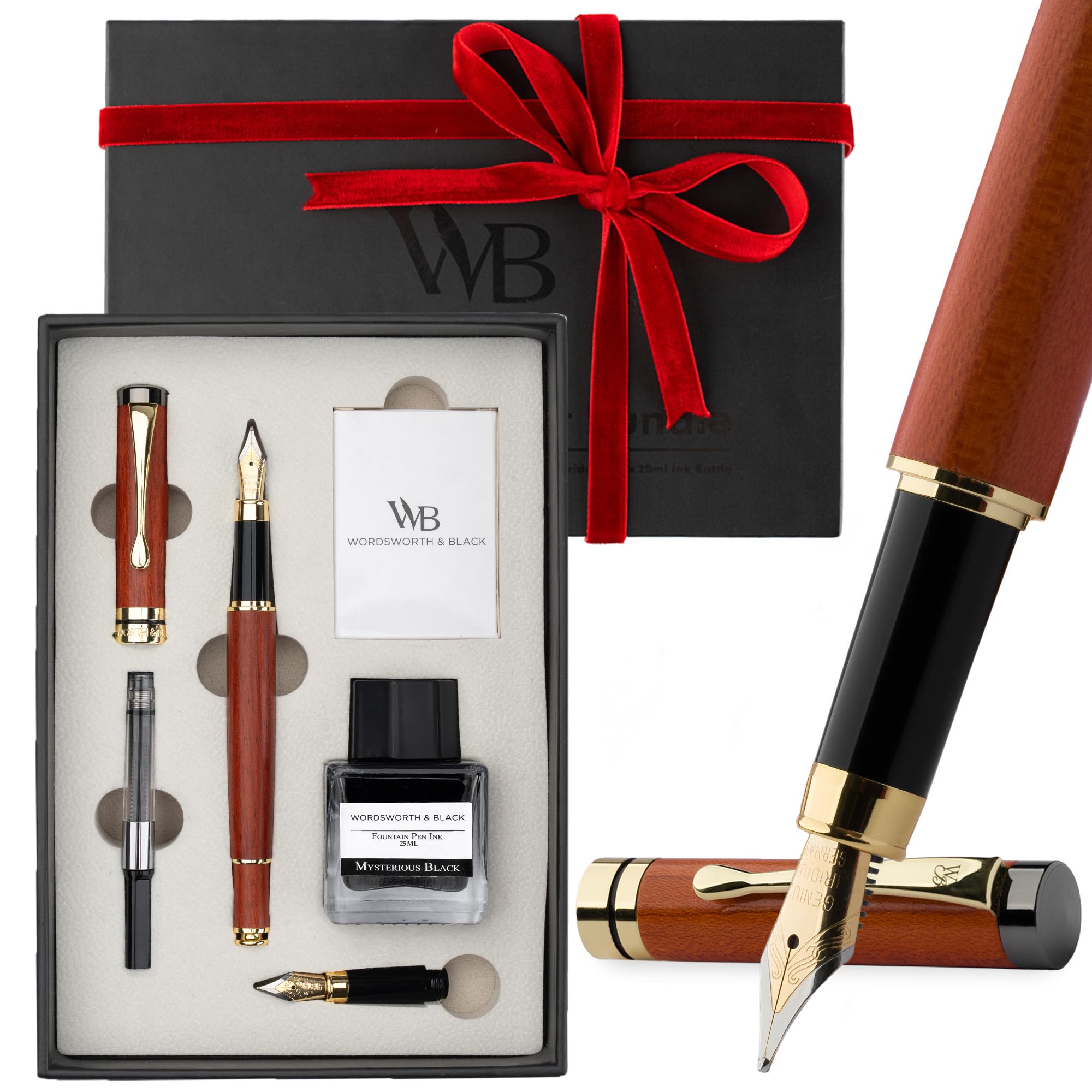 

Wordsworth Black Fountain Pen Luxury Bamboo Wood Medium Extra Fine Gift 25ml Black Ink 6 Ink Refill Converter Writing & Set, - Nib, Nib, Case; Bottle,