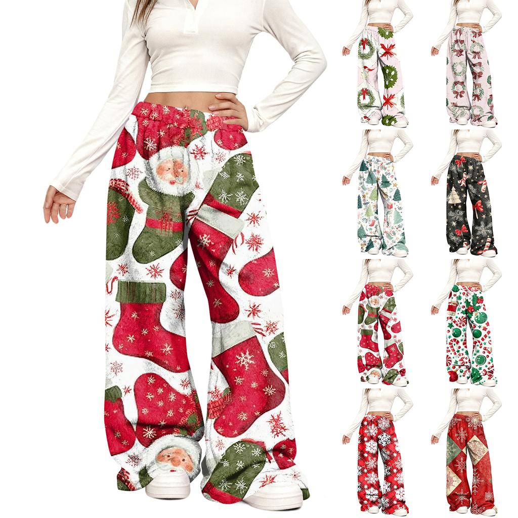 Women's Casual Fashion Christmas Print Elastic Waist Loose Plush Wide Leg Pants