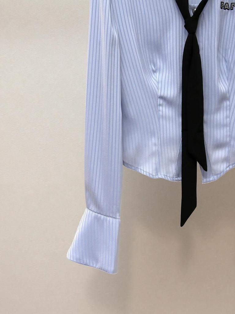 Autumn Women's Striped Shirt with Bow Tie & Flared Sleeves