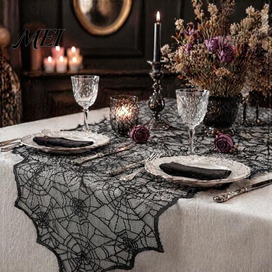 Breathable Lace Fabric Spider Web Table Runner, Black Gothic Festival Theme Mat Cobweb Runner for Halloween Dining Decoration