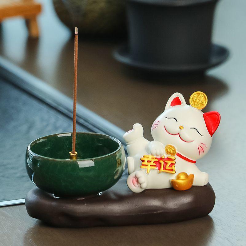 Creative Lucky Cat Incense Holder and Burner Plate for Indoor Decoration