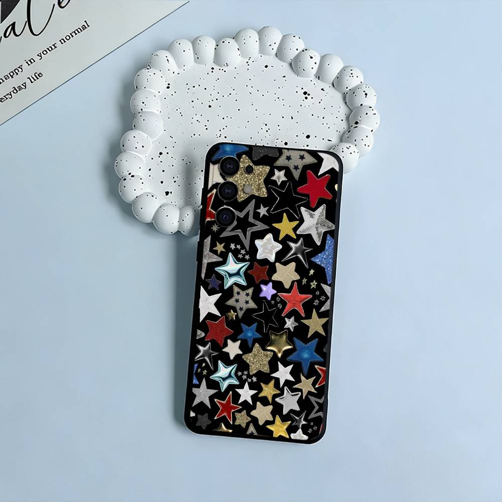 C-Colorful Star Phone Case For Samsung S25,S24,S21,S22,S23,S30,Ultra,S20,Plus,Fe,Lite,Black Soft Silicone
