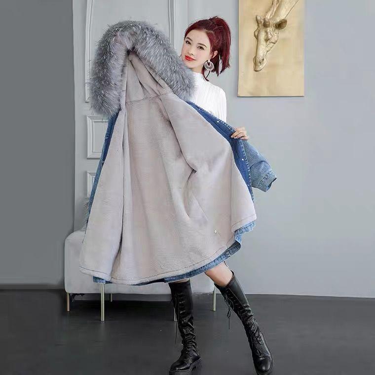 Autunno Inverno Donna Jeans Cappotto Spessa Lana Giacca di Jeans Larga Con Cappuccio Vestiti Lunghi Capispalla Femminili