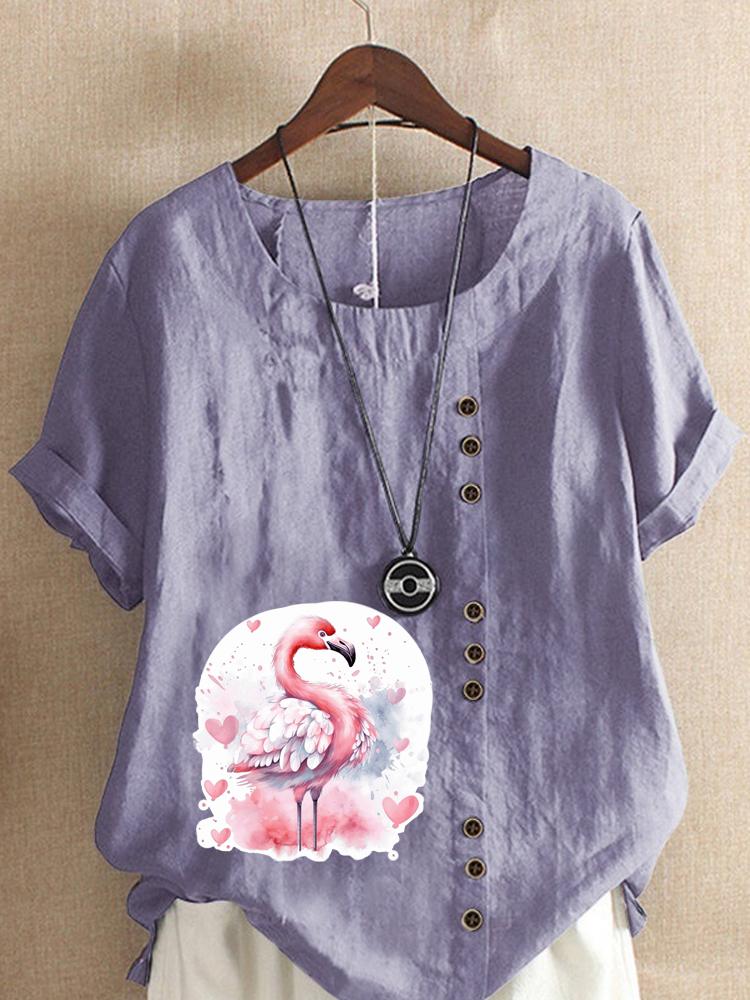 Women's Fashion Love Flame Bird Print Shot Sleeve T-shirt Loose Cotton Shirt Casual Loose Summer Blouse Tops Plus Size