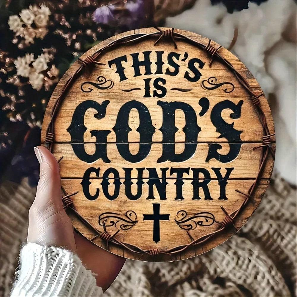 Rustproof Waterproof God's Country Round Metal Sign Home Wall Decor Coffee Shop Bedroom Gift